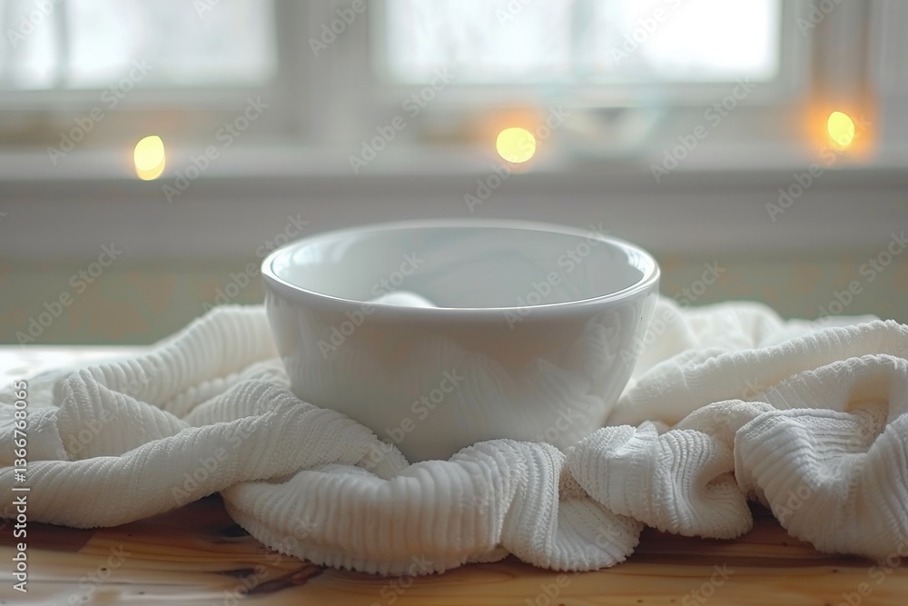 Poster a serene still-life featuring a simple white bowl draped in soft fabric, illuminated by soft dayligh
