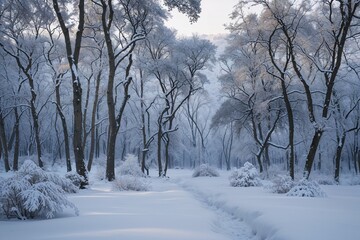 Obraz premium Winter Snow Covered Pristine Woodland Landscape