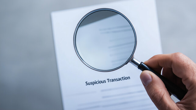 Document Investigation: Hand examining a document labeled "Suspicious Transaction" under a magnifying glass, exploring the details of financial scrutiny.