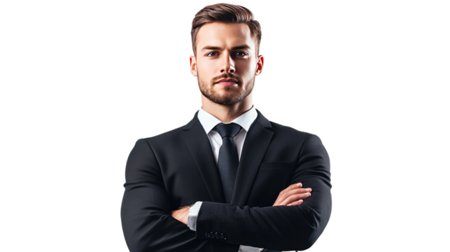 Portrait of a handsome young businessman standing confidently in a suit, smiling with a professional and successful demeanor