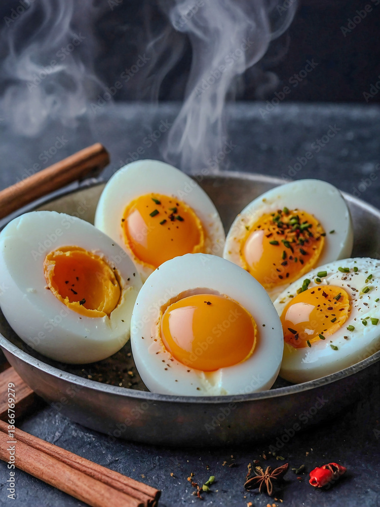 Poster close-up view of boiled eggs with spices in a pan