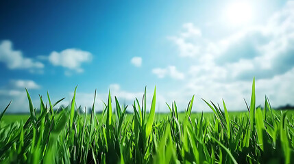 Fototapeta premium Growing green grass under clear blue sky nature scene outdoor photography vibrant environment low angle view tranquility
