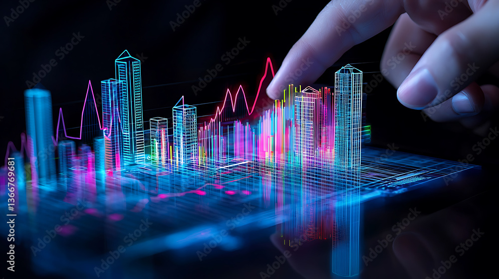 Poster analyzing market trends with data visualization urban environment digital content interactive viewpo