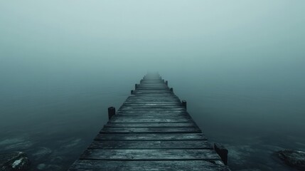 Misty Lakeside Wooden Pier Leading Into Fog