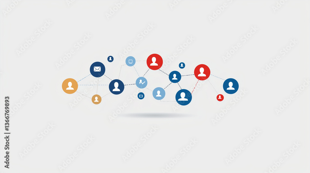 Poster connected world: a network of diverse digital icons representing people and communication, linked to