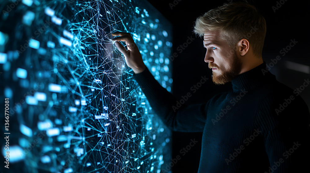 Poster interactive data analysis session modern office digital technology dark environment close-up view in