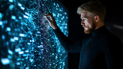 Interactive data analysis session modern office digital technology dark environment close-up view innovation concept