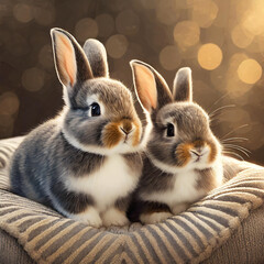 Two cute brown bunnies sitting on a cozy pillow. Baby rabbits portrait.