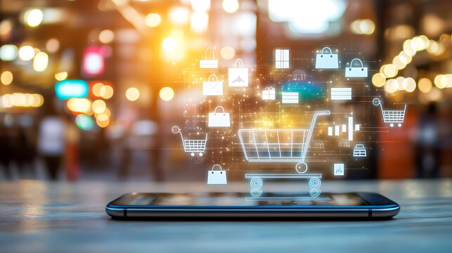 Digital shopping experience e-commerce mobile devices urban environment close-up view innovative technology trends