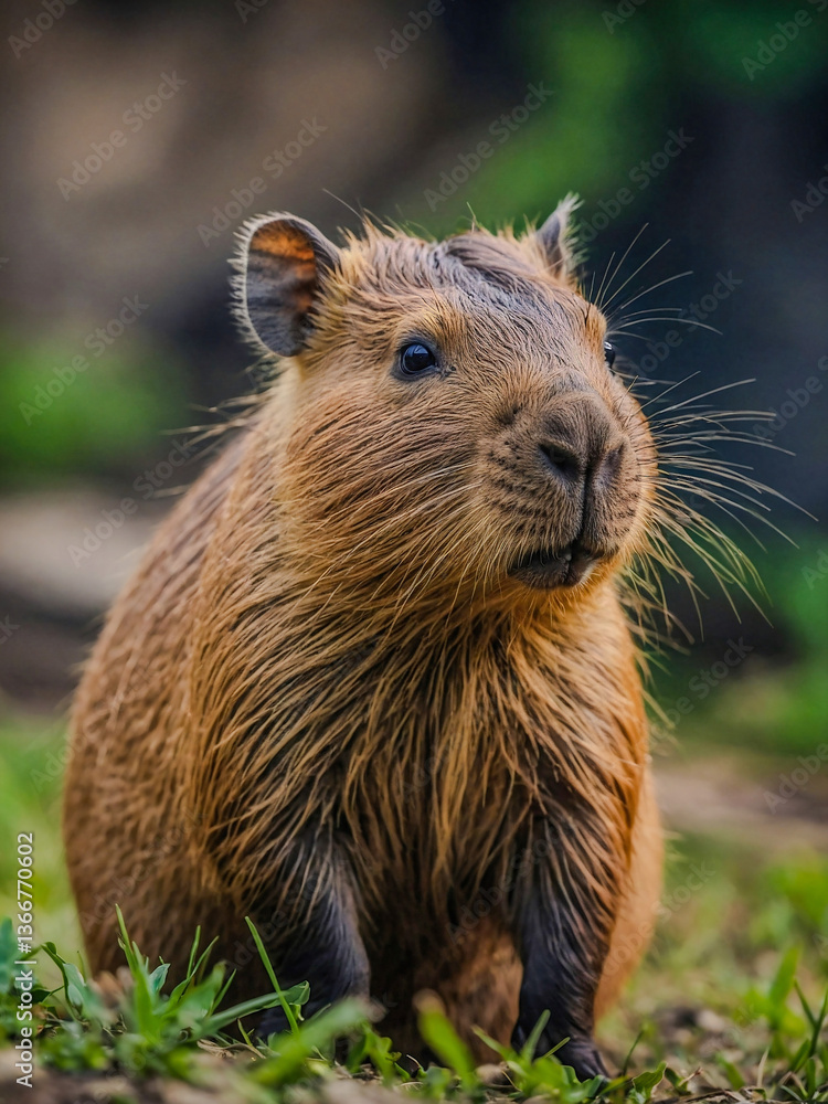 Poster close-up view of capybara cub in its natural environment with a blurred background