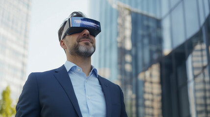 Fototapeta premium Visionary in VR: A sharp businessman dons a virtual reality headset, offering a glimpse into the innovative future, with sleek architectural design backdrop.