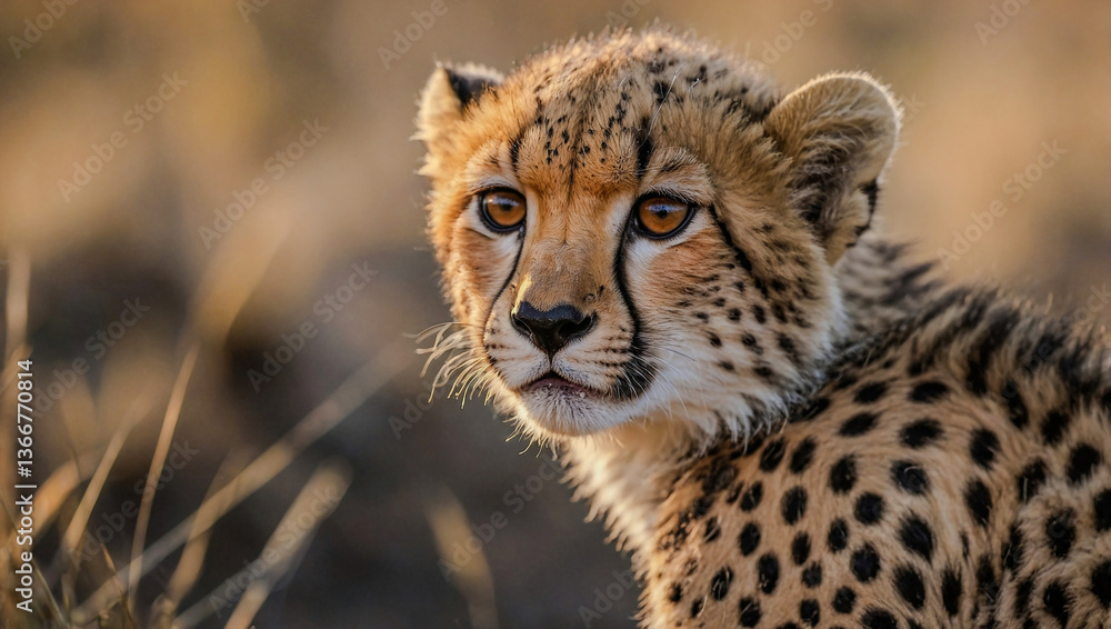Poster close-up view of cheetah cub in its natural environment with a blurred background