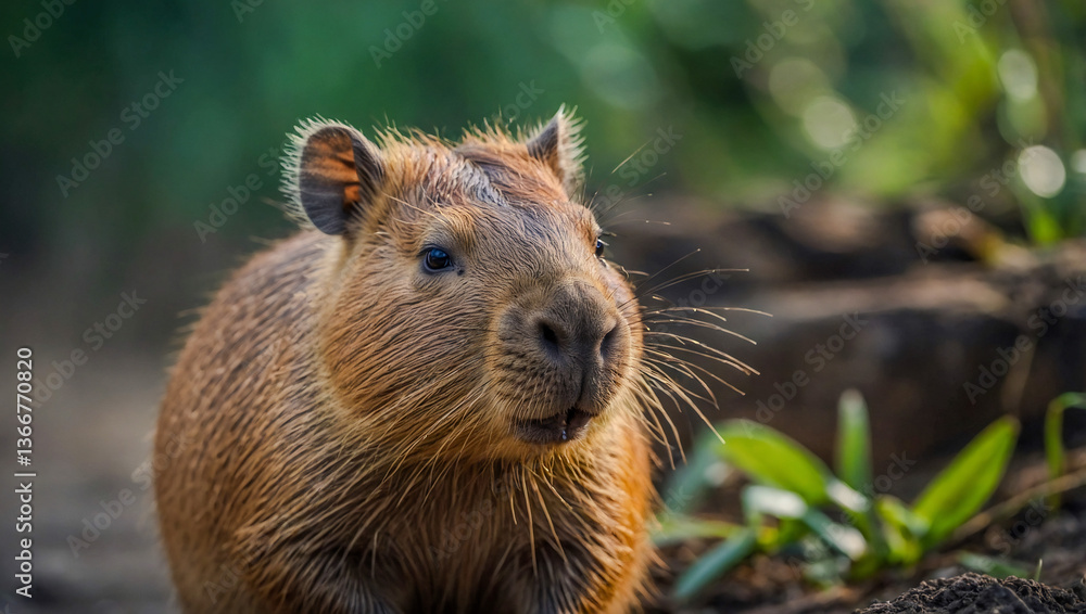 Poster close-up view of capybara cub in its natural environment with a blurred background