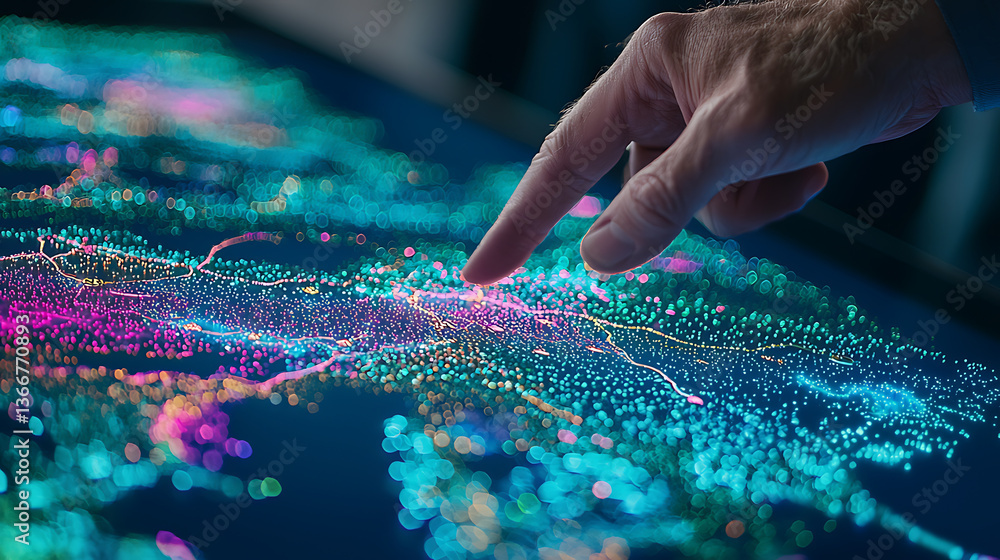 Poster analyzing data visualizations with interactive touchscreens modern office digital content high-tech 
