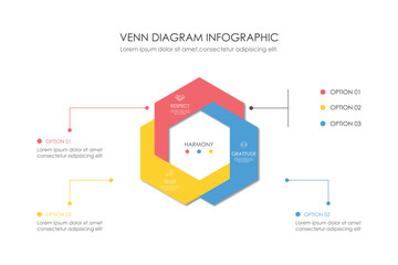 Infographic Venn diagram chart template for business 3 parts, options, presentation with venn diagram elements vector illustration.