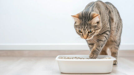 Curiosity Unveiled: A tabby cat gracefully approaches and interacts with its litter box, capturing the essence of domestic feline routine in a bright and inviting setting.