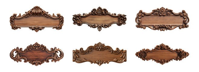Wooden signboard with ornate carving isolated on a transparent or white background, cut-out, PNG