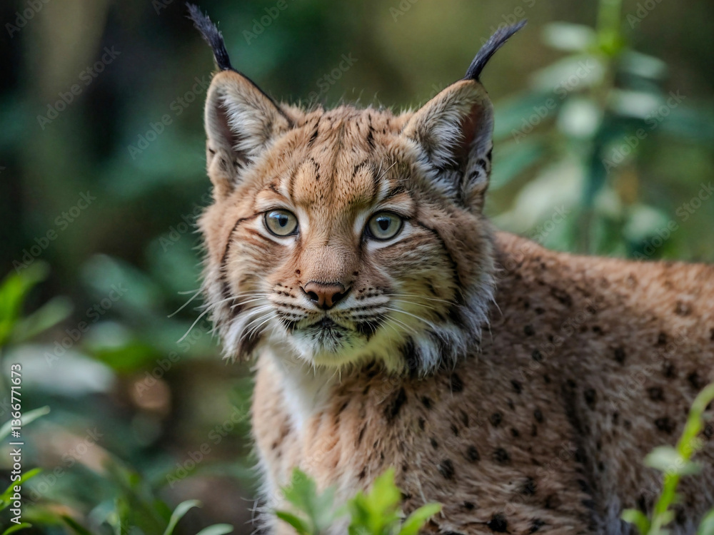 Poster close-up view of eurasian lynx cub in its natural environment with a blurred background