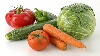 Fresh vegetables and fruits on a white background.