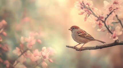 Fototapeta premium Serene Sparrow Amongst Blossoms: A Springtime Symphony