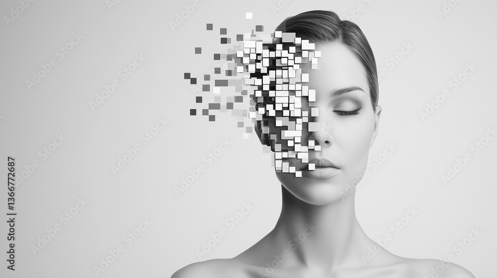 Poster digital dissolve: a portrait of a woman, her face partially dissolving into pixels, evokes the abstr