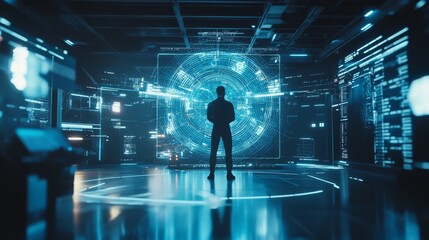 A fintech engineer developing AI algorithms for digital currency trading, futuristic trading floor with real-time market data, High-tech style