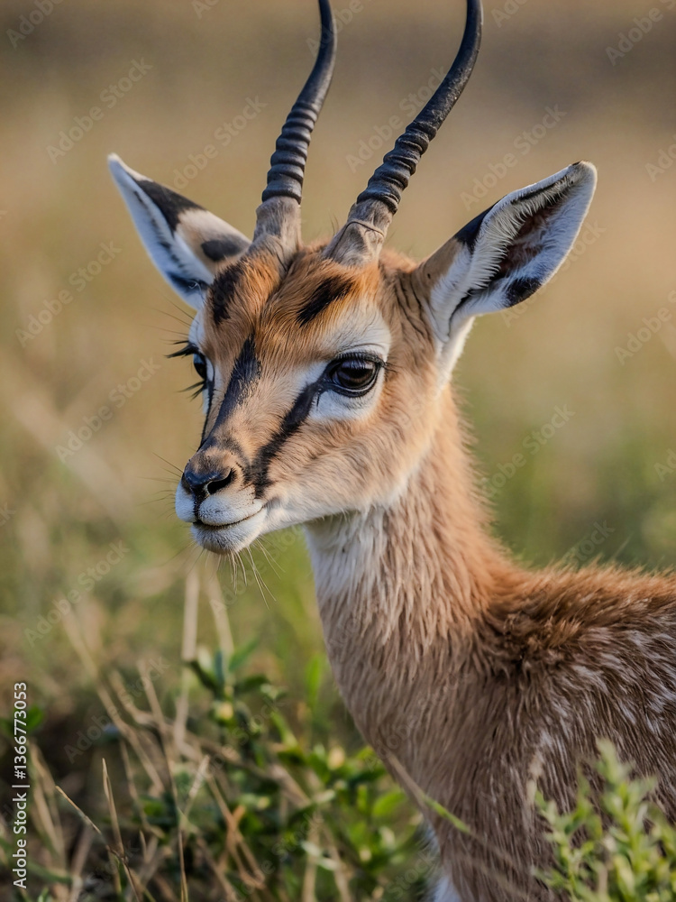 Poster close-up view of gazelle cub in its natural environment with a blurred background