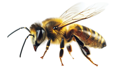 Close-up of a bee isolated on a white background with wings, black and yellow colors, and pollen visible