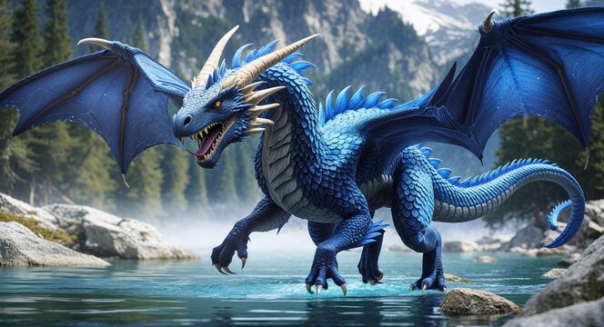 Sapphirescaled wyvern flying over crystal lake background