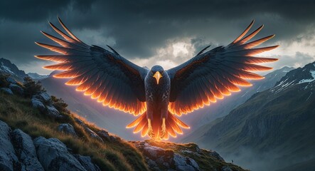Thunderbird with glowing feathers on stormy mountain ridge background