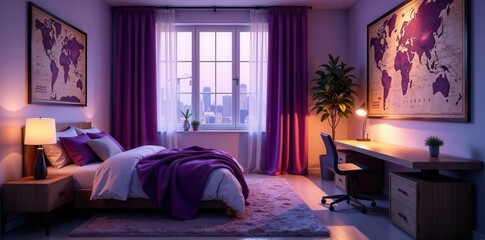 Evening Ambiance in a Modern Purple Bedroom with a World Map and Desk
