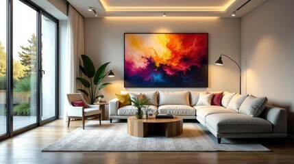 Modern Living Room Interior Design with Abstract Wall Art and Comfortable Sectional Sofa
