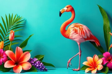 A Vibrant Flamingo Stands Gracefully Amidst a Lush Arrangement of Tropical Flowers on a Turquoise Background