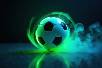 Naklejka premium Futuristic Soccer Ball Glowing with Energetic Green Light Trails and Mystical Smoke