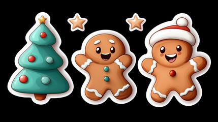 Festive Christmas Stickers Featuring Cute Gingerbread Men and Tree