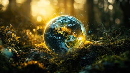 A glowing representation of the Earth sitting in natural surroundings