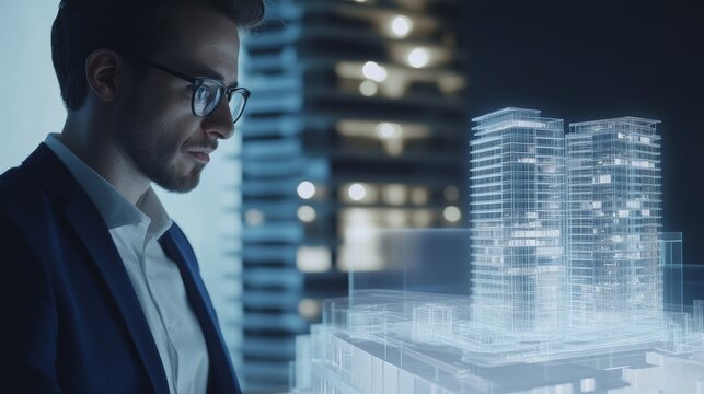 A fintech expert designing AI powered tokenized real estate platforms, futuristic finance lab with real-time property transaction monitoring, High-tech style