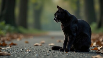 Naklejka premium A sleek black feline sits serenely on a path strewn with autumn leaves, bathed in the soft glow of the setting sun, a captivating moment of quiet contemplation.
