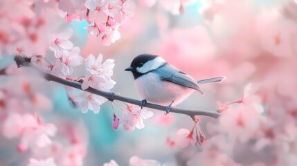 A Serene Springtime Scene: A Tiny Bird Perched on a Delicate Branch Amidst a Shower of Pink Cherry Blossoms