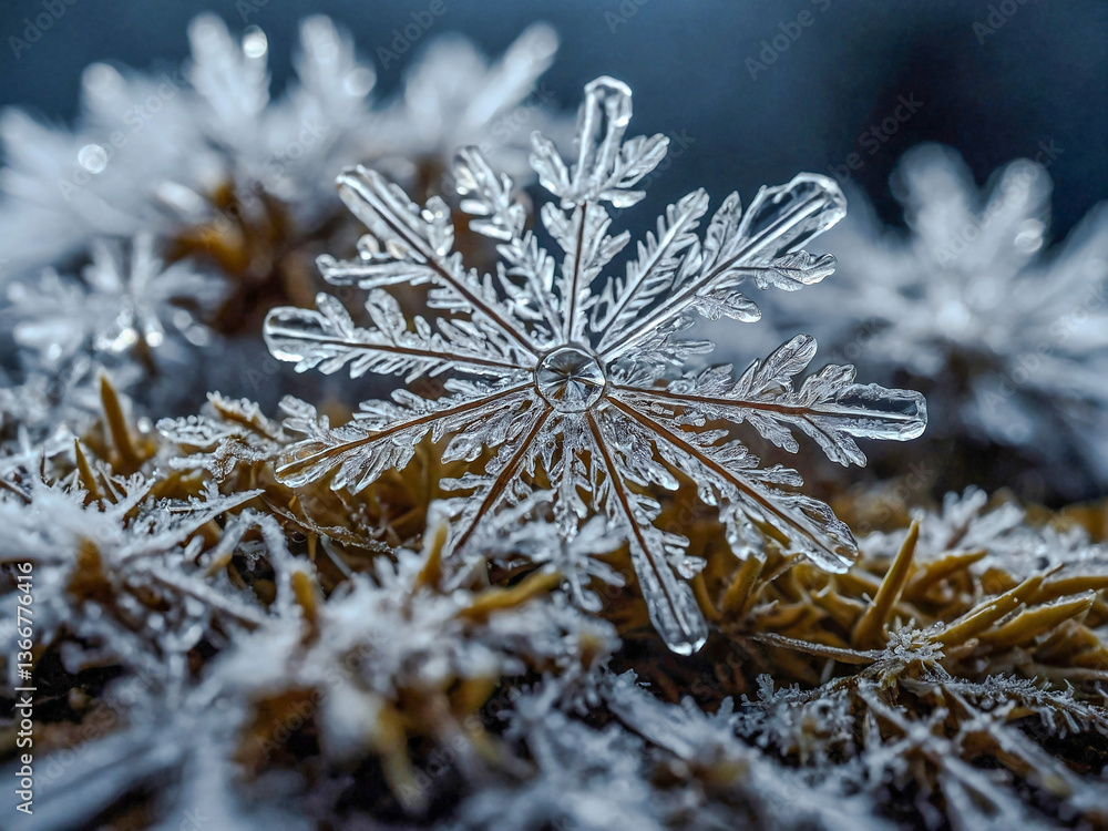 Poster close-up view of intricate snow crystals with delicate patterns