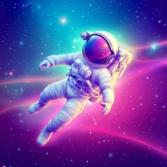 Futuristic astronaut floating in vibrant space with glowing stars, colorful cosmic background, retro sci-fi style, galaxy exploration concept, dreamy digital art illustration
