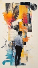 A man stands contemplating an abstract artistic composition of color
