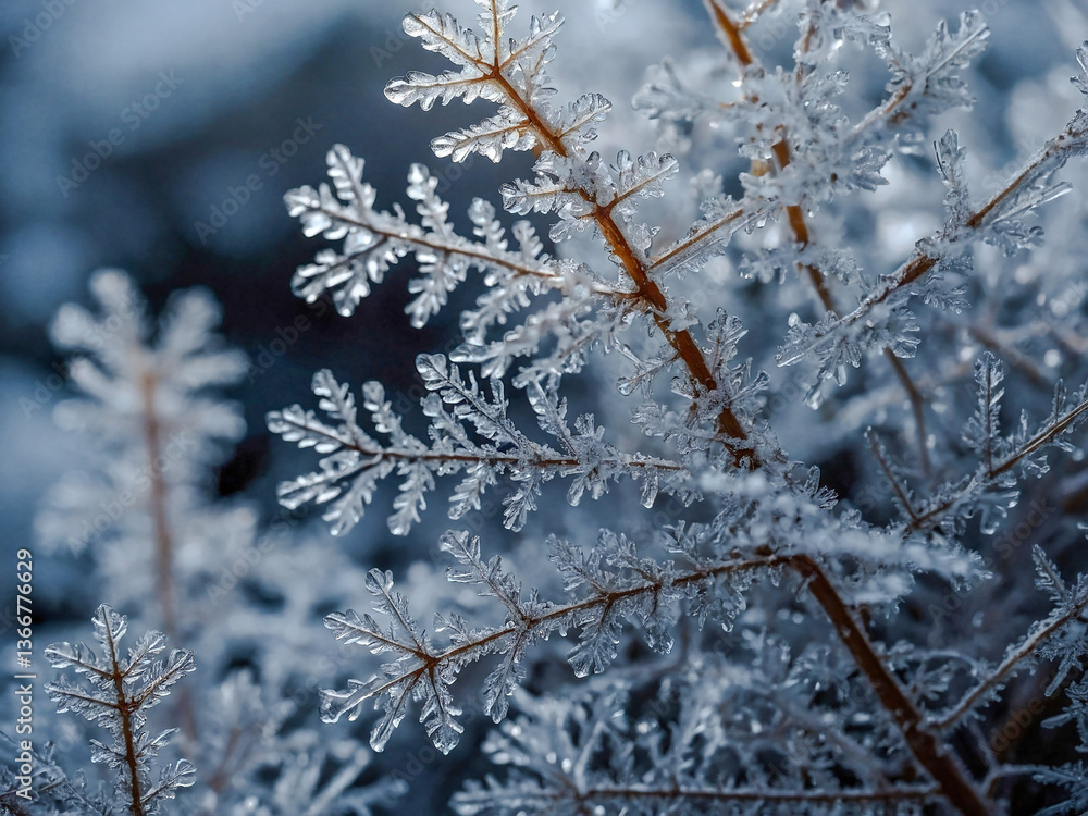 Poster close-up view of intricate snow crystals with delicate patterns