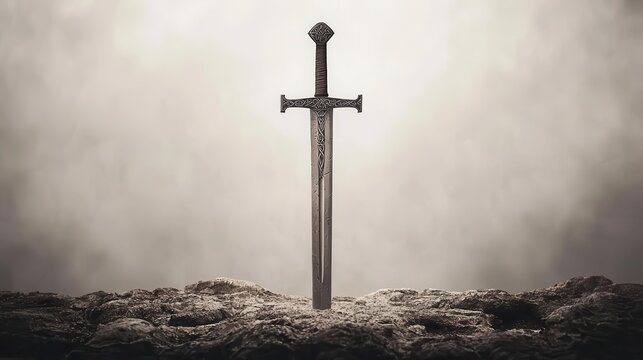 Heavy twohanded claymore sword with a broad steel blade, crossguard with Celtic engravings, floating over a white background