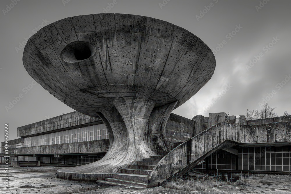 Poster a striking, abstract architectural structure featuring a large, bowl-like form supported by a twiste