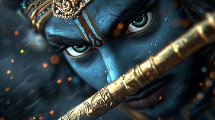 Intense close-up of a blue-skinned deity holding a flute, showcasing divine expression