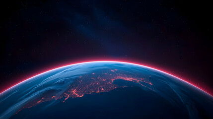 Fototapeta premium Global Network Connections at Night: Red Glowing Earth from Space