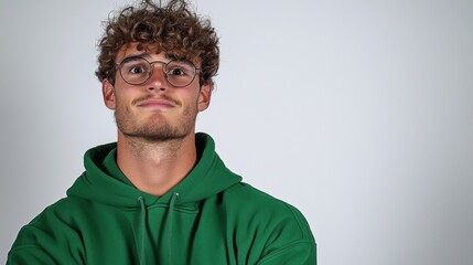 Obraz premium Young man with curly hair and glasses wearing a green hoodie