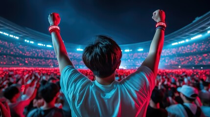 Enthusiastic concertgoer celebrating at a vibrant music festival  