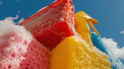 Cleaning sponges and spray bottle with soap bubbles against blue sky  